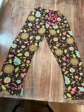Bed head Brown Flannel Pajama Pants with Floral Paisley and Pink Trim